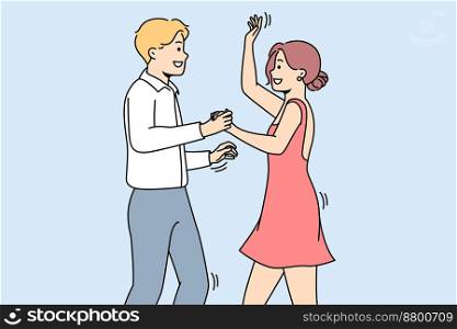 Smiling man and woman dancing together having fun. Happy couple perform at dance competition. Hobby and occupation. Vector illustration.. Smiling man and woman dancing at contest
