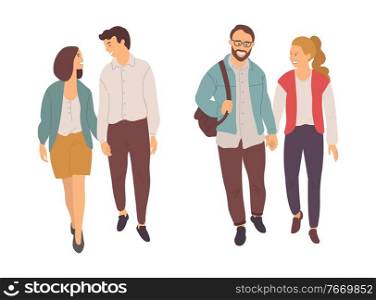 Smiling man and woman holding hands and going together, portrait and full length view of couple in casual clothes, boyfriend and girlfriend walking vector. Boyfriend and Girlfriend with Holding Hands Vector