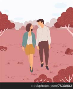 Smiling man and woman holding hands, people meeting in park. Lovers walking outdoor, romantic day, couple going near trees, happy lovers, holiday. Vector illustration in flat cartoon style. Couple Walking in Park, Lovers Meeting Vector