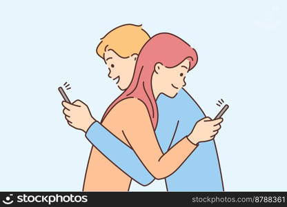 Smiling man and woman hugging talking on cellphones online. Distracted couple use smartphones embracing. Concept of cheating and social media addiction. Vector illustration. . Couple hug using cellphone 