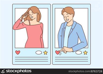 Smiling man and woman profiles on social media. Happy male and female like posts or pictures on dating website or app. Vector illustration. . Smiling man and woman liking social media profiles 