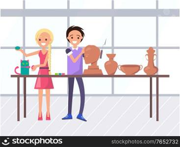 Smiling man and woman sculptors making bust, vase and bowl, colorful cat. Craftsman holding chisel, creative shape, professional artisan, education vector. Art Education, Sculpting Hobby, Artisan Vector