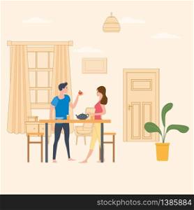 Smiling man and woman standing in kitchen, eating snacks and feeding each other. Smiling man and woman standing in kitchen, eating snacks and feeding each other. Happy boy and girl having breakfast lunch. Cute couple enjoying food together. Flat cartoon vector illustration.