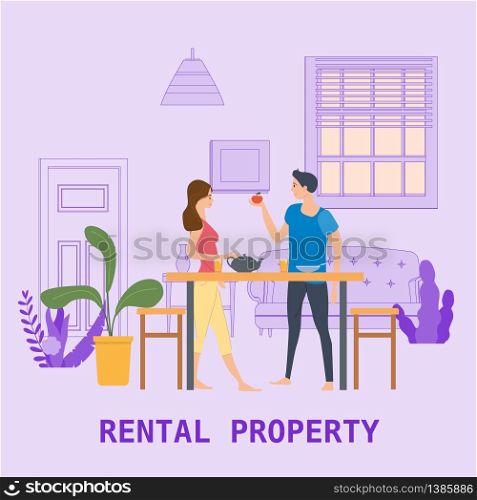 Smiling man and woman standing in kitchen, eating snacks and feeding each other. Happy boy and girl having breakfast lunch. Cute couple enjoying food together. Flat cartoon vector illustration.. Loving man and woman standing in kitchen, eating snacks and feeding each other. Happy boy and girl having breakfast lunch. Cute couple enjoying food together. Flat cartoon vector illustration.