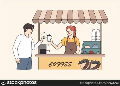 Smiling man buy takeaway coffee in street coffeeshop from female barista. Happy girl serve guy client make espresso or cappuccino in cafeteria. Small business concept. Vector illustration.. Smiling man get takeaway coffee from street cafe
