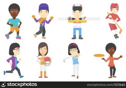 Smiling man carrying skis. Sportsman standing with skis on his shoulders. Young sportsman skiing. Skier resting in ski resort. Set of vector flat design illustrations isolated on white background.. Vector set of sport characters.
