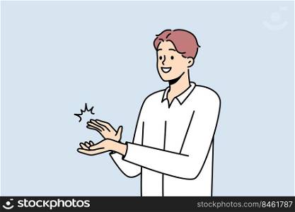 Smiling man clapping hands thanking or showing appreciation. Happy businessman applaud celebrate good deal. Acknowledgement and gratitude. Vector illustration.. Smiling man clap hands