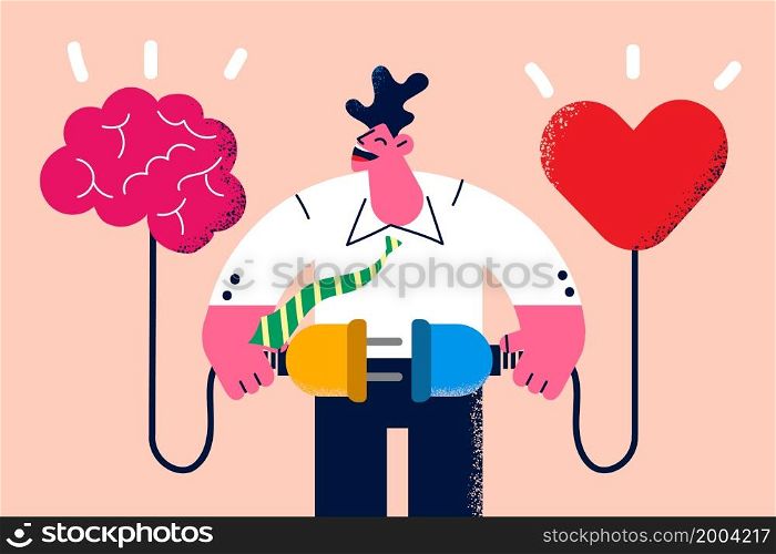 Smiling man connect wire find balance between heart and brain. Happy male make decision consider emotion and wisdom. Rational reasonable and emotional choice. Vector illustration. . Smiling man find balance between heart and brain