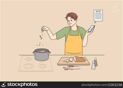 Smiling man cooking soup at home kitchen follow recipe on smartphone screen. Happy male chef prepare delicious food for dinner with online instruction on cellphone. Vector illustration.. Smiling man cooking with recipe on cellphone