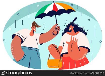 Smiling man cover woman with umbrella give helping hand in rain. Caring male protect lady in rainy weather. Good deed and gentleman behavior. Vector illustration.. Smiling man cover woman with umbrella