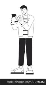 Smiling man dialing number on cellphone to call bw vector spot illustration. Gadget guy 2D cartoon flat line monochromatic character on white for web UI design. Editable isolated outline hero image. Smiling man dialing number on cellphone to call bw vector spot illustration
