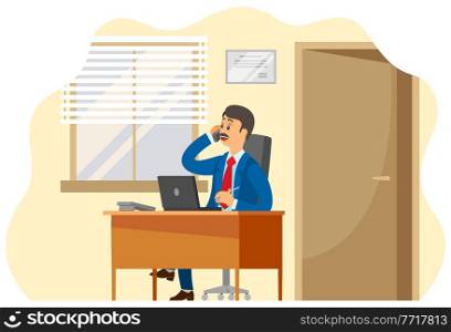 Smiling man dressed formally talking on the phone. Businessman working at the computer sitting at a table in office space. Manager doing work on the laptop. Serious man communicates and takes notes. A man dressed formally talking on the phone. Businessman working at the computer sitting at a table