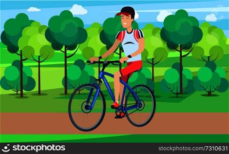 Smiling man dressed in cycling clothing and cap riding blue bicycle with lush trees, bushes and blue sky behind him vector illustration. Smiling Cyclist on Blue Bicycle Illustration