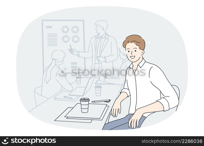 Smiling man employee at team meeting with coach or presenter in office. Happy male worker sit at desk with colleagues having briefing with group leader or boss. Flat vector illustration. . Smiling man employee at team meeting in office