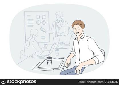 Smiling man employee at team meeting with coach or presenter in office. Happy male worker sit at desk with colleagues having briefing with group leader or boss. Flat vector illustration. . Smiling man employee at team meeting in office