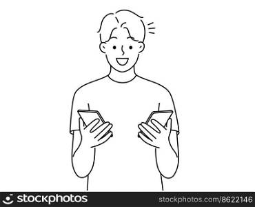 Smiling man hold cellphone sending information in between gadgets. Happy male compare modern smartphones. Technology concept. Vector illustration. . Smiling man holding cellphones 