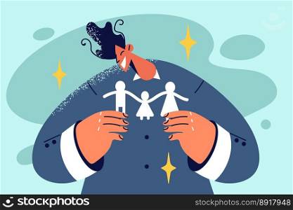 Smiling man hold family paper model in hands. Male social worker with family maquette. Aid and assistance. Vector illustration. . Man hold paper family model in hands 