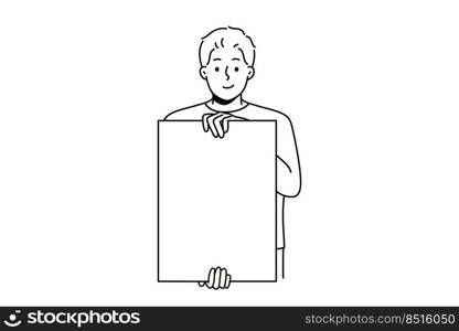 Smiling man hold white empty poster for advertising copy space. Happy male demonstrate mockup on paperwork for ad placement. Vector illustration. . Smiling man holding white mockup poster 