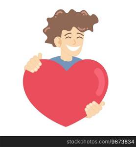 Smiling man holding a heart. Guy gives a heart. Vector illustration