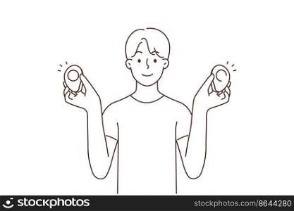 Smiling man holding avocado in hands follow healthy diet. Happy guy with fresh organic vegetable recommend good natural nutrition. Vector illustration. . Smiling man with avocado in hands