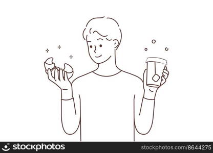 Smiling man holding croissant and takeaway tea in cup. Happy guy enjoy lunch or breakfast with pastry and takeout drink. Vector illustration. . Smiling man with takeaway croissant and tea