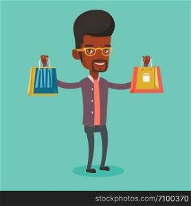 Smiling man holding shopping bags. African-american man carrying shopping bags. Man standing with a lot of shopping bags. Guy showing his purchases. Vector flat design illustration. Square layout.. Happy man holding shopping bags.
