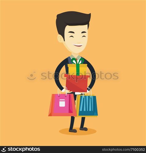 Smiling man holding shopping bags and gift boxes. Happy asian man carrying shopping bags and gift boxes. Man standing with a lot of shopping bags. Vector flat design illustration. Square layout.. Happy man holding shopping bags and gift boxes.