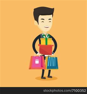 Smiling man holding shopping bags and gift boxes. Happy asian man carrying shopping bags and gift boxes. Man standing with a lot of shopping bags. Vector flat design illustration. Square layout.. Happy man holding shopping bags and gift boxes.