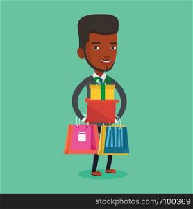 Smiling man holding shopping bags and gift boxes. Happy african-american man carrying shopping bags and boxes. Man standing with a lot of shopping bags. Vector flat design illustration. Square layout.. Happy man holding shopping bags and gift boxes.