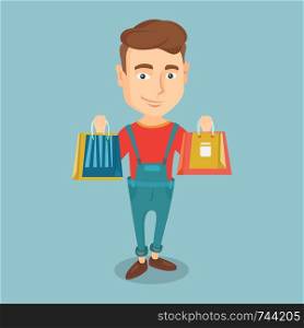 Smiling man holding shopping bags. Happy caucasian man carrying shopping bags. Young man standing with a lot of shopping bags. Man showing his purchases. Vector flat design illustration. Square layout. Happy man holding shopping bags.