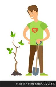 Smiling man holding shovel, portrait and full length view of volunteer character seeding tree, plant with leaves, globe care, male gardening vector. Volunteer Seeding Plant, Man Holding Shovel Vector