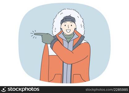 Smiling man in outerwear point with finger direction or way in expedition. Happy male traveler or tourist in winter wear show deal or offer. Winter holidays concept. Flat vector illustration. . Smiling man in outerwear point direction