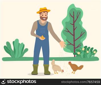 Smiling man in suit feeding hens near green trees in countryside. Farmer character seeding for bird animal outdoor. Person standing near chicken eating seeds in coop isolated on white vector. Farmer Feeding Chickens in Countryside Vector