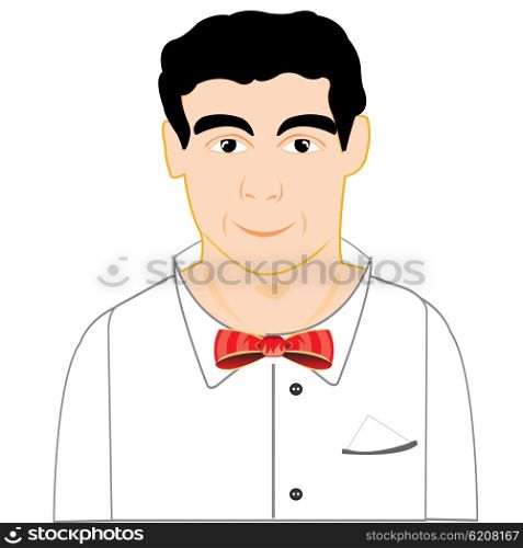 Smiling man in tie butterfly. Young person in shirt and tie butterfly on white background