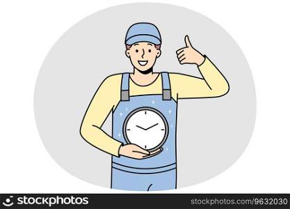 Smiling man in uniform holding clock in hands showing thumb up. Happy male worker with watch care about time management and deadline. Vector illustration.. Smiling man in uniform holding clock