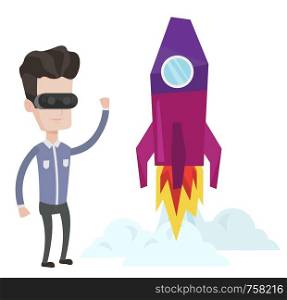 Smiling man in virtual reality headset flying in open space. Young caucasian man wearing virtual reality headset and playing video game. Vector flat design illustration isolated on white background.. Man in vr headset flying in open space.