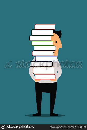 Smiling man is carrying a tall pile of colorful books. I love reading concept, education or profession themes design. Man is carrying a tall pile of books