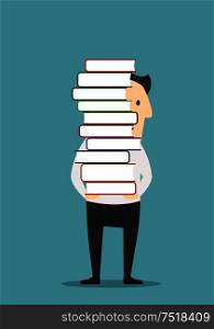 Smiling man is carrying a tall pile of colorful books. I love reading concept, education or profession themes design. Man is carrying a tall pile of books