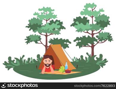 Smiling man lying in tent, mat with products on grass, green trees, picnic element. Portrait view of male character in stall, leisure outdoor, hobby vector. Leisure in Forest, Man in Tent, Picnic Vector
