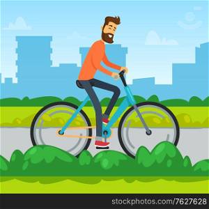 Smiling man on bicycle, skyscraper view, male cycling. Person on urban transport, cycler going by road with green plants, transportation object vector. Cycling in city park. Cycler in City, Man on Bicycle, Transport Vector