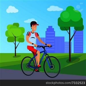 Smiling man on blue bike vector illustration, colorful banner with city landscape, two green trees and grass, cute cap and t-short, red sport shorts. Smilling Man on Blue Bike Vector Illustration