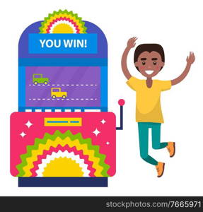 Smiling man playing race on gambling machine, old video-game. Winning male character, afterburner game, casino equipment, person gamer, business vector. Race Video-Game, Gambling Machine, Winner Vector