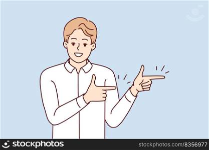 Smiling man point at good sale deal or offer. Happy guy recommend discount or promotion. Recommendation and client feedback. Vector illustration. . Smiling man point at good sale deal 