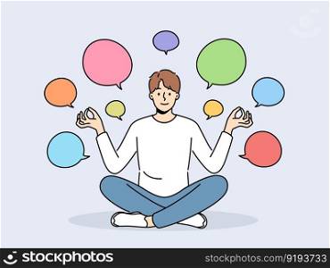 Smiling man practice yoga surrounded with numerous speech bubbles with ideas. Happy guy meditate having different creative ideas in talk balloons. Vector illustration. . Smiling man meditate generate creative ideas 