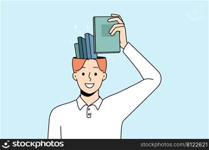 Smiling man put book in head remembering. Happy wise guy take textbook from brain showing excellent memory. Education and knowledge concept. Flat vector illustration. . Smiling man take book from head 