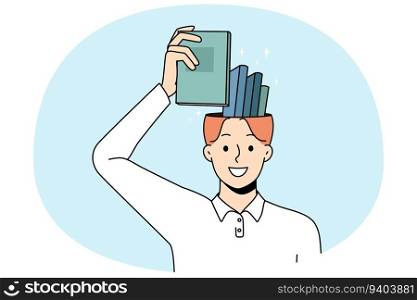 Smiling man put book in head remembering. Happy wise guy take textbook from brain showing excellent memory. Education and knowledge concept. Flat vector illustration.. Smiling man take book from head
