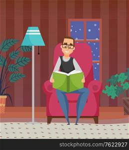 Smiling man reading book, dark and snowing view from window, lamp and house-plant. Portrait view of sitting male on armchair with novel, hobby vector. Male Reading Literature at Home, Hobby Vector