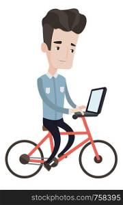 Smiling man riding a bicycle to work. Caucasian businessman with laptop on a bike. Businessman working on laptop while riding a bicycle. Vector flat design illustration isolated on white background.. Man riding bicycle with laptop vector illustration