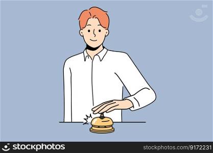 Smiling man ringing bell at hotel reception calling personnel. Happy male client or customer press ringer at administration counter. Vector illustration. . Smiling man ring bell at reception 