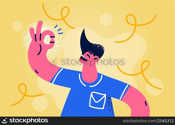 Smiling man show all right hand gesture feel positive and satisfied. Happy guy make okay sign. Overjoyed male demonstrate ok. Body language, nonverbal communication. Vector illustration. . Smiling man show ok hand gesture